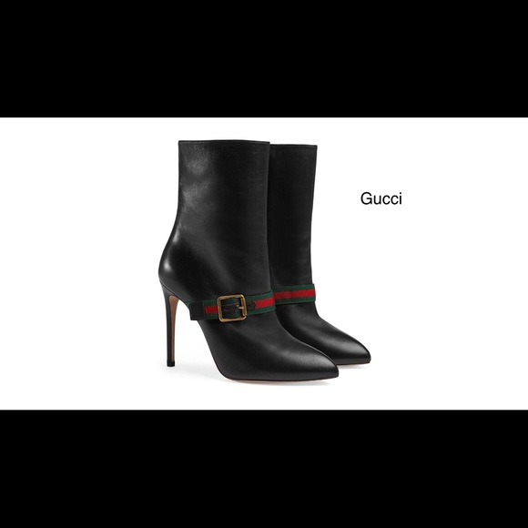 Gucci black SYLVIE web stripe leather ankle boots. - Picture 3 of 8